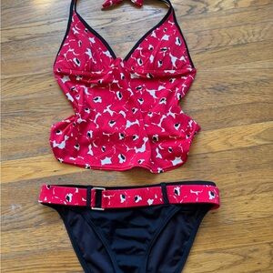 Red Printed Two-Piece Swim Set with Black Bottoms